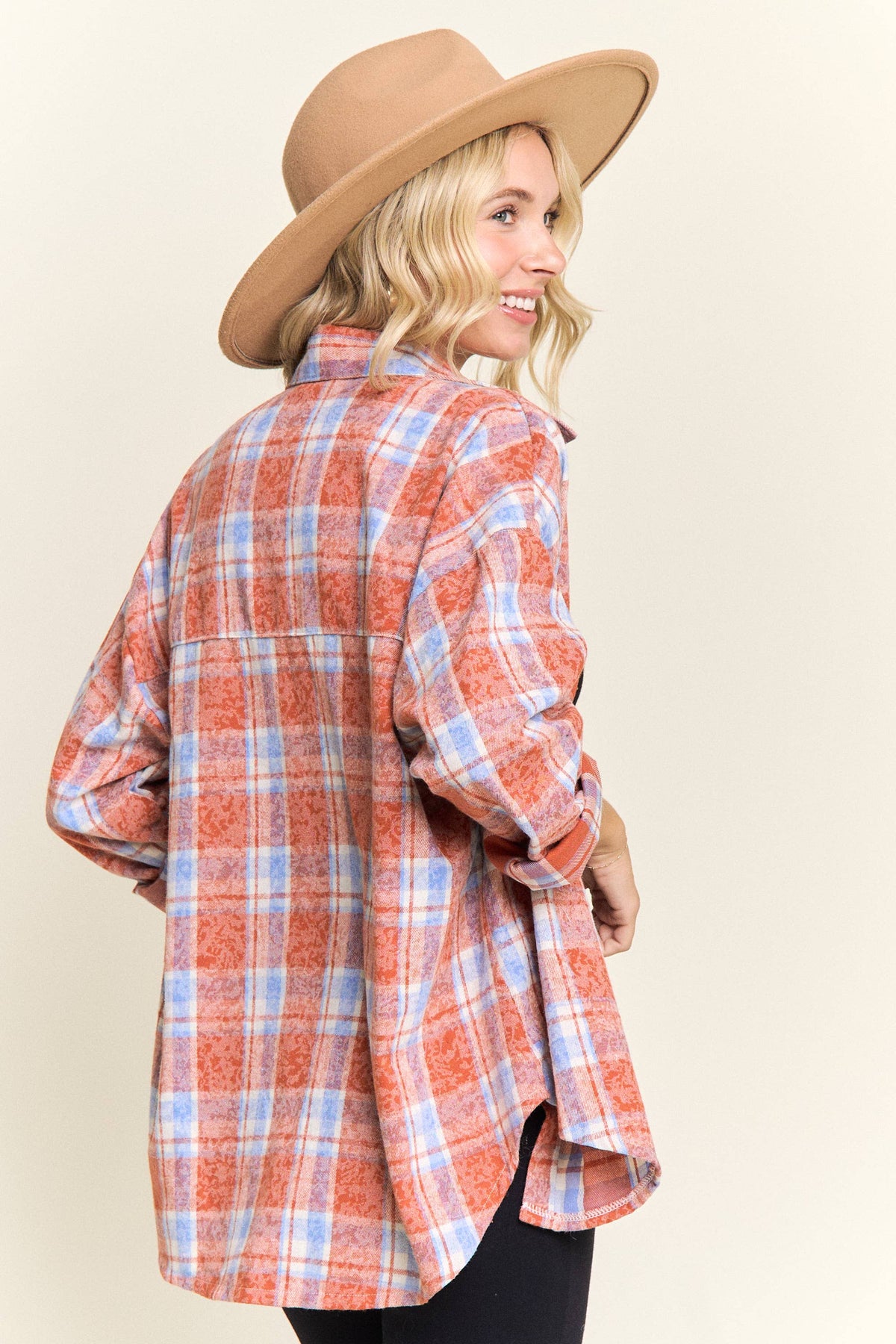 BURNOUT PLAID WASHED-LOOK SHIRT- LET4189: Blue / S-M-L(2-2-2)