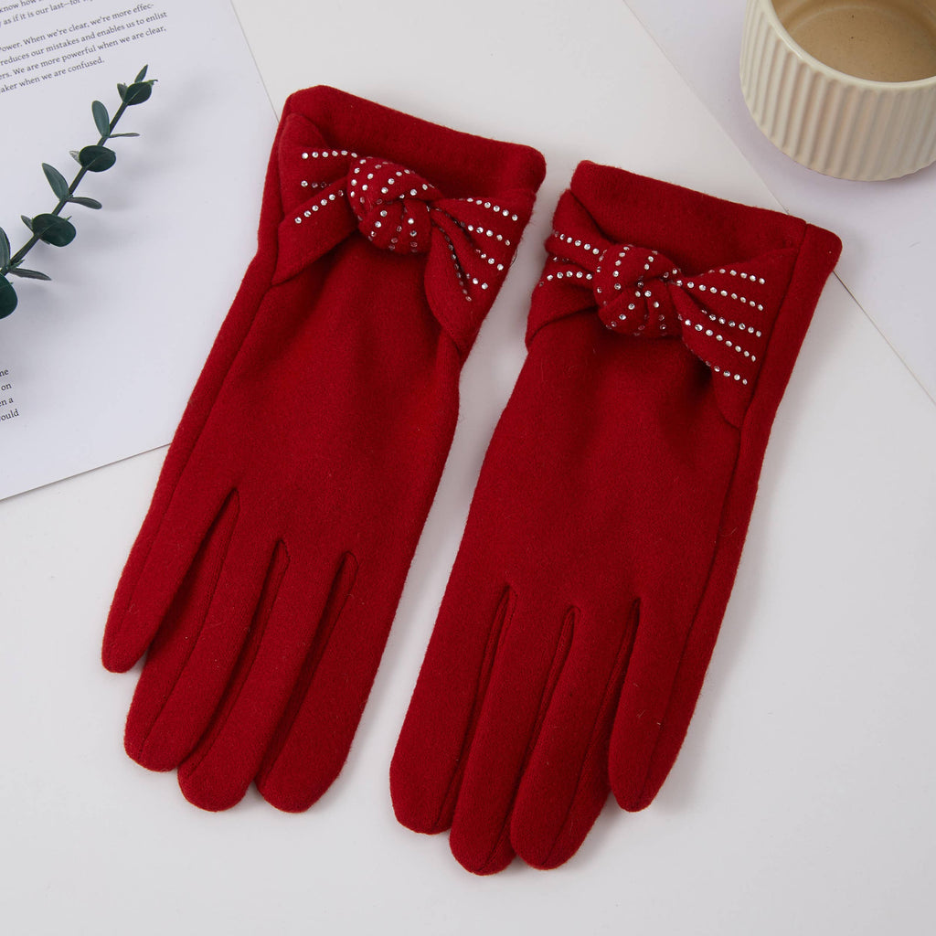 Stone Deco Bow Knit Winter Gloves: Blue