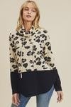 leopard print sweater with drawstring cowl neckline