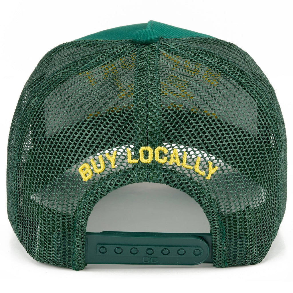 C.C SUPPORT LOCAL FARMERS Letter Two Tone Trucker Hat: Dark Green