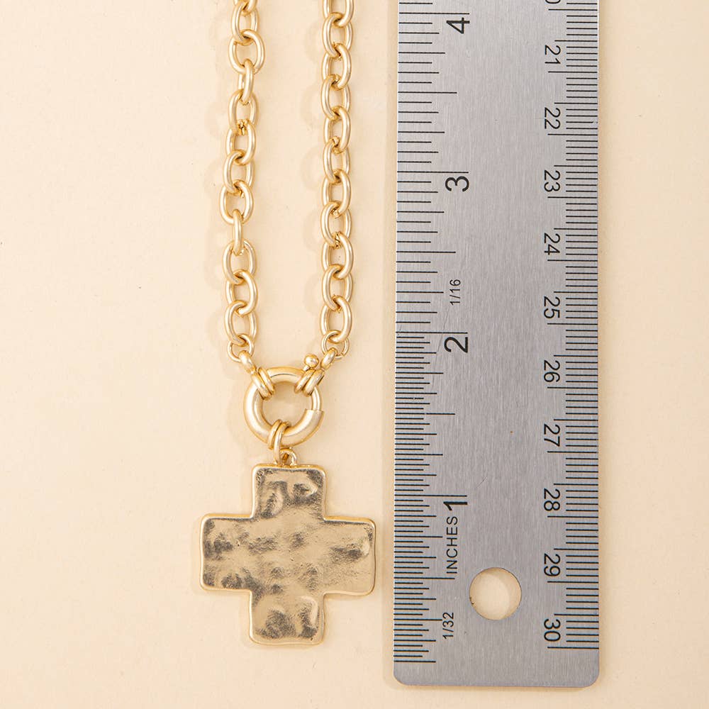 Hammered Square Cross Pendant Chunky Chain Necklace: WG