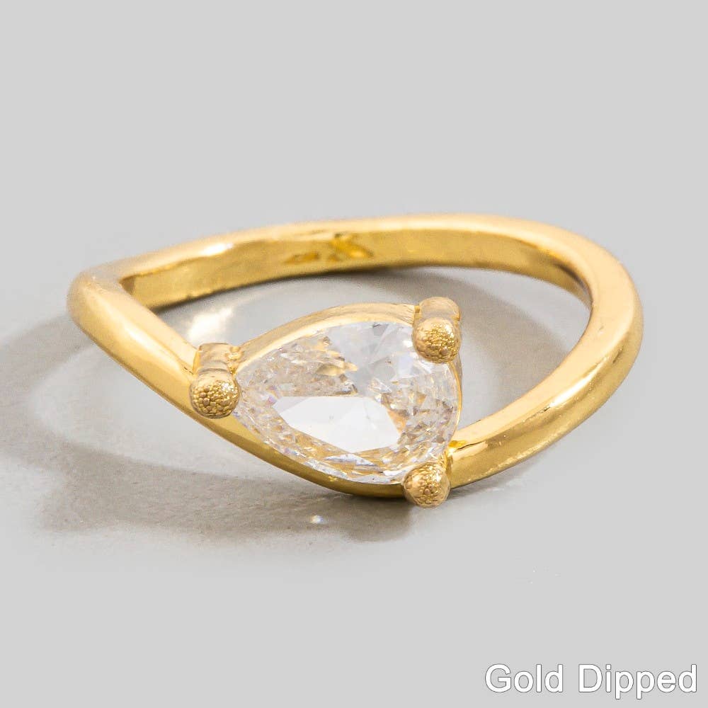 Gold Dipped Cz Pear Teardrop Wavy Pinky Ring: G