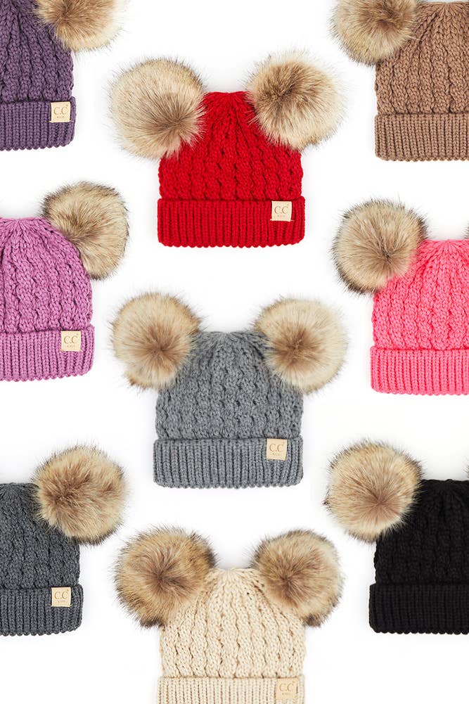 CC Kids Double Pom Pom All Over Cable Beanie: New Lavender