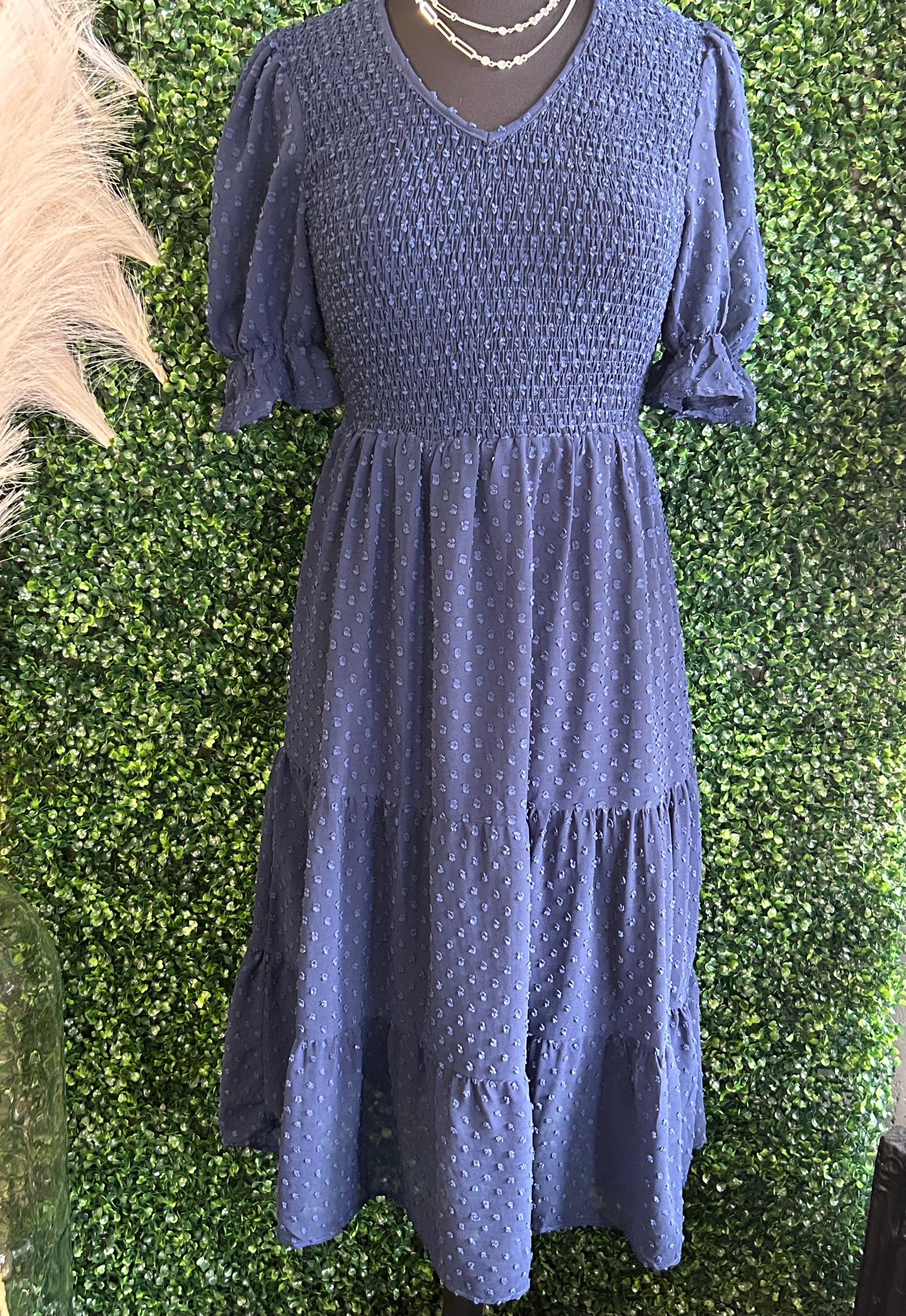 Smocked Short Sleeve Dot Midi Dress