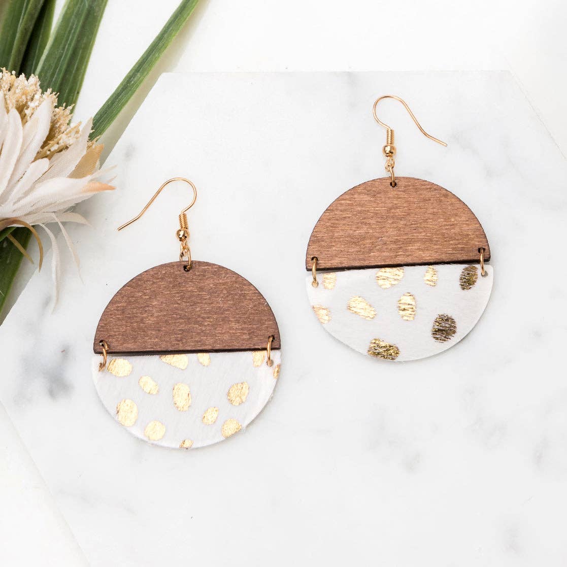 Everyday Leather & Wood Earrings: Gold Dot