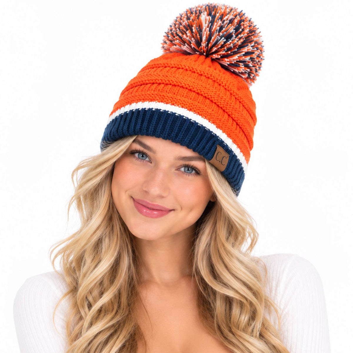 C.C Team Color Ribbed Beanie with Pom Winter Hat: 6.royal Blue/Red