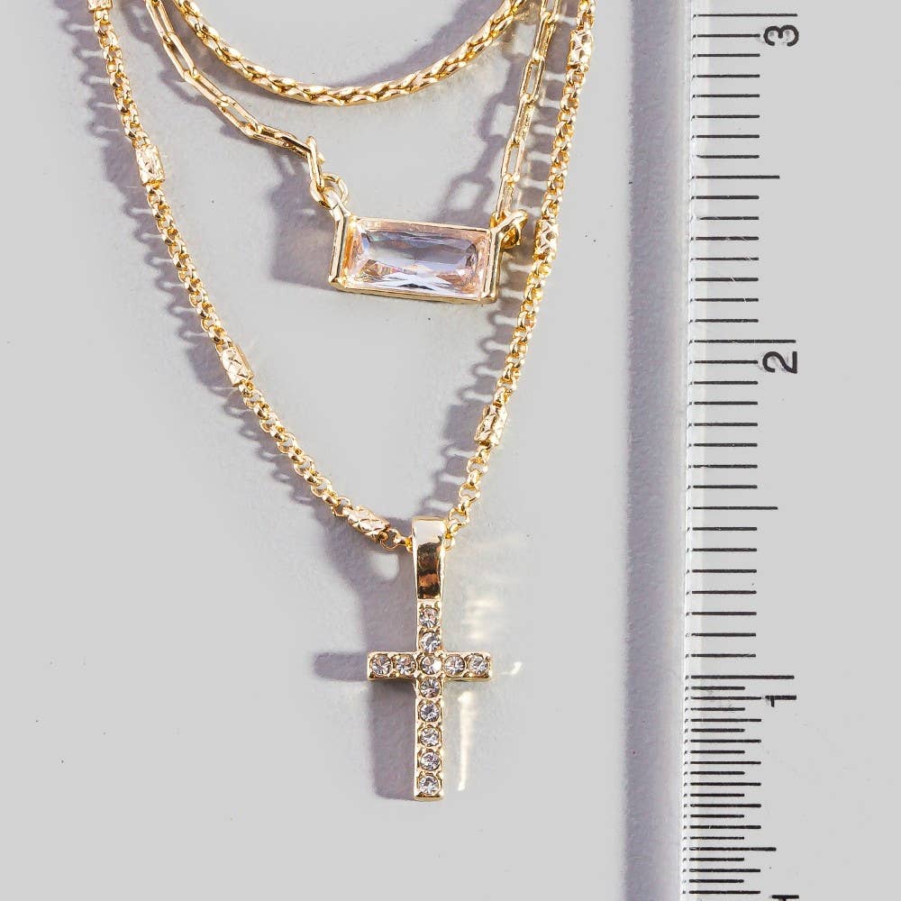 Triple Layered Chain Pave Cross Pendant Necklace: G