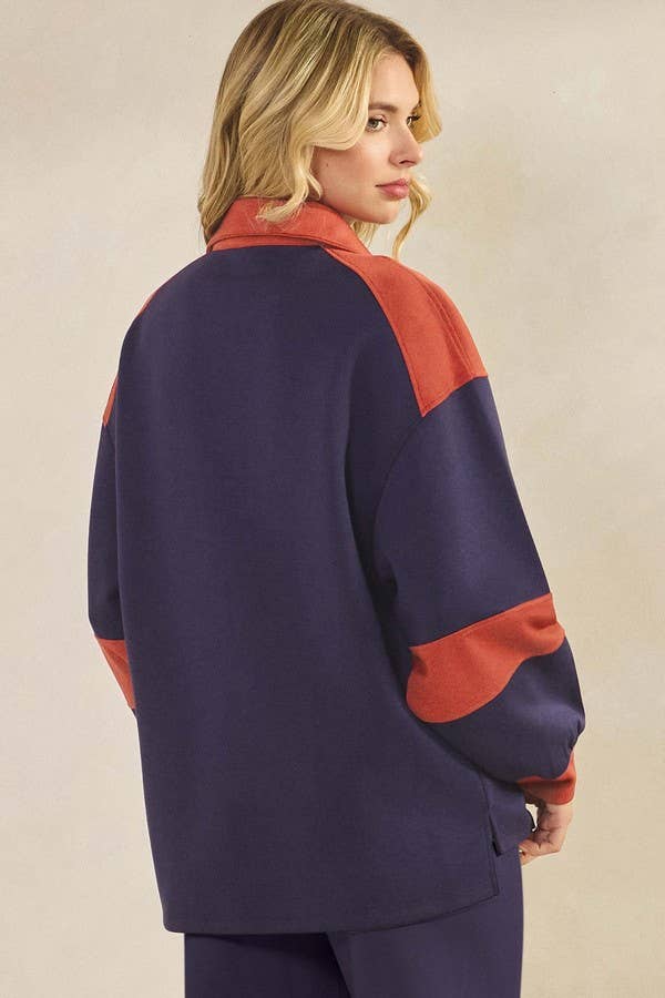 Women's Sleek Colorblock Half-Zip Cozy Fall Top Plus Size: Black/Light Khaki / XL