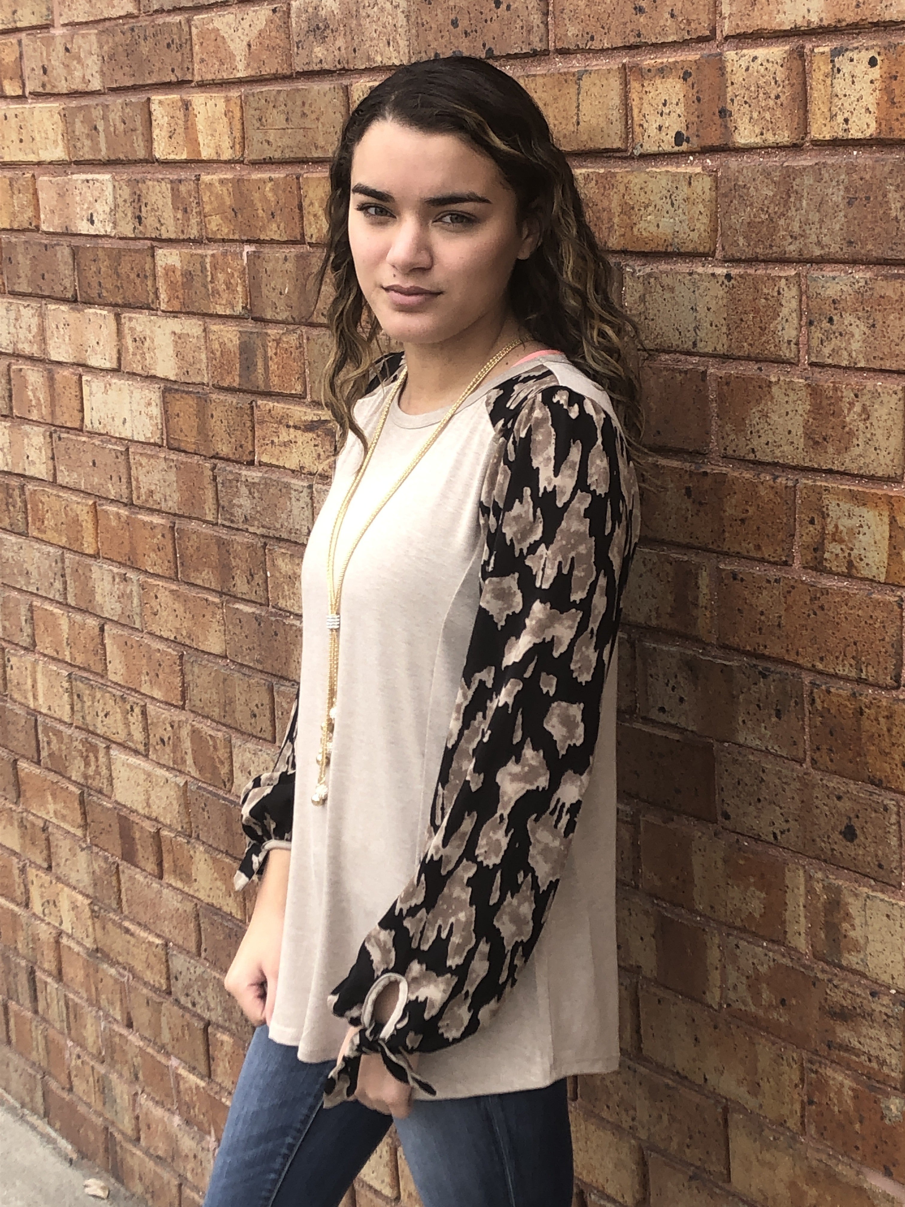 Mocha chiffon leopard sleeve top