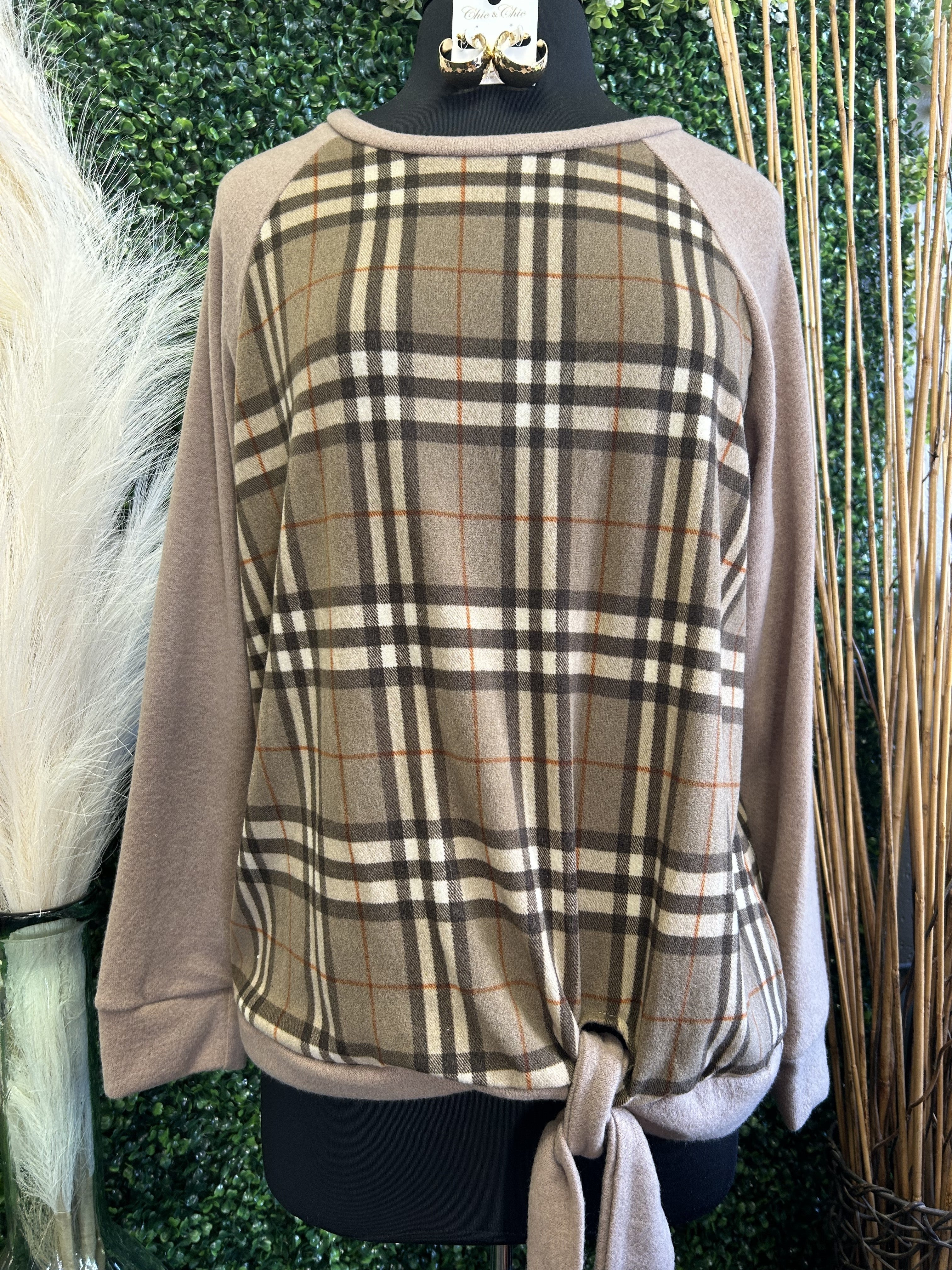 Plaid Tie Long Sleeve Top