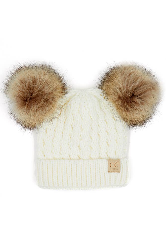 CC Kids Double Pom Pom All Over Cable Beanie: Ivory