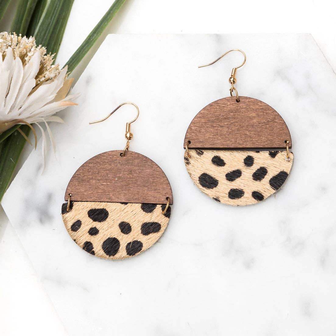 Everyday Leather & Wood Earrings: Gold Dot