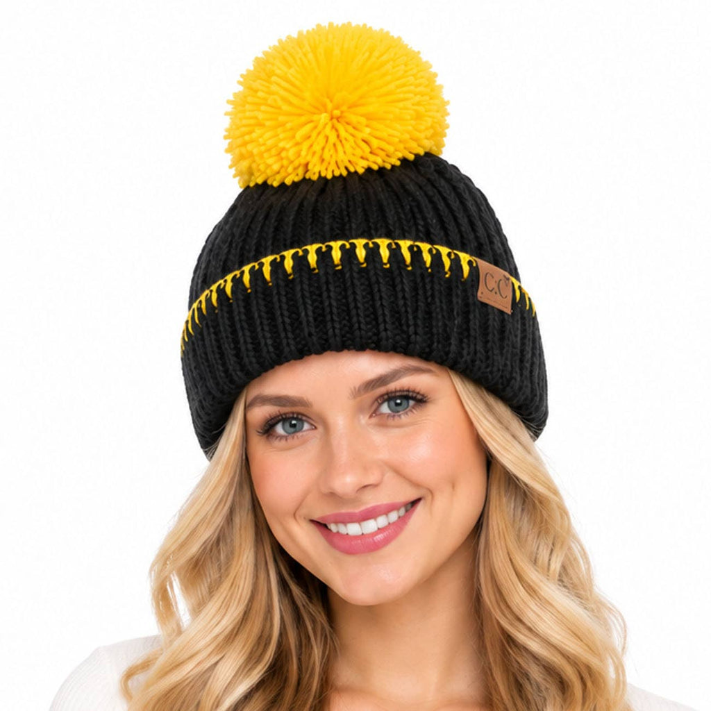 C.C Yarn Pom Game Day Team Stitch Point Beanie Hat: Red/Black