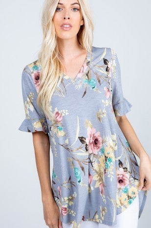 gray floral v-neck ruffle sleeve top