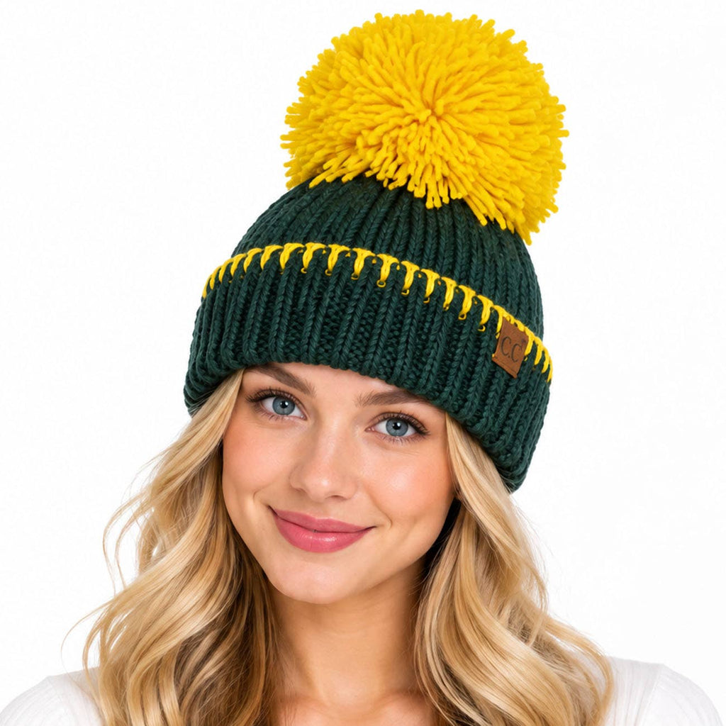 C.C Yarn Pom Game Day Team Stitch Point Beanie Hat: Red/Black