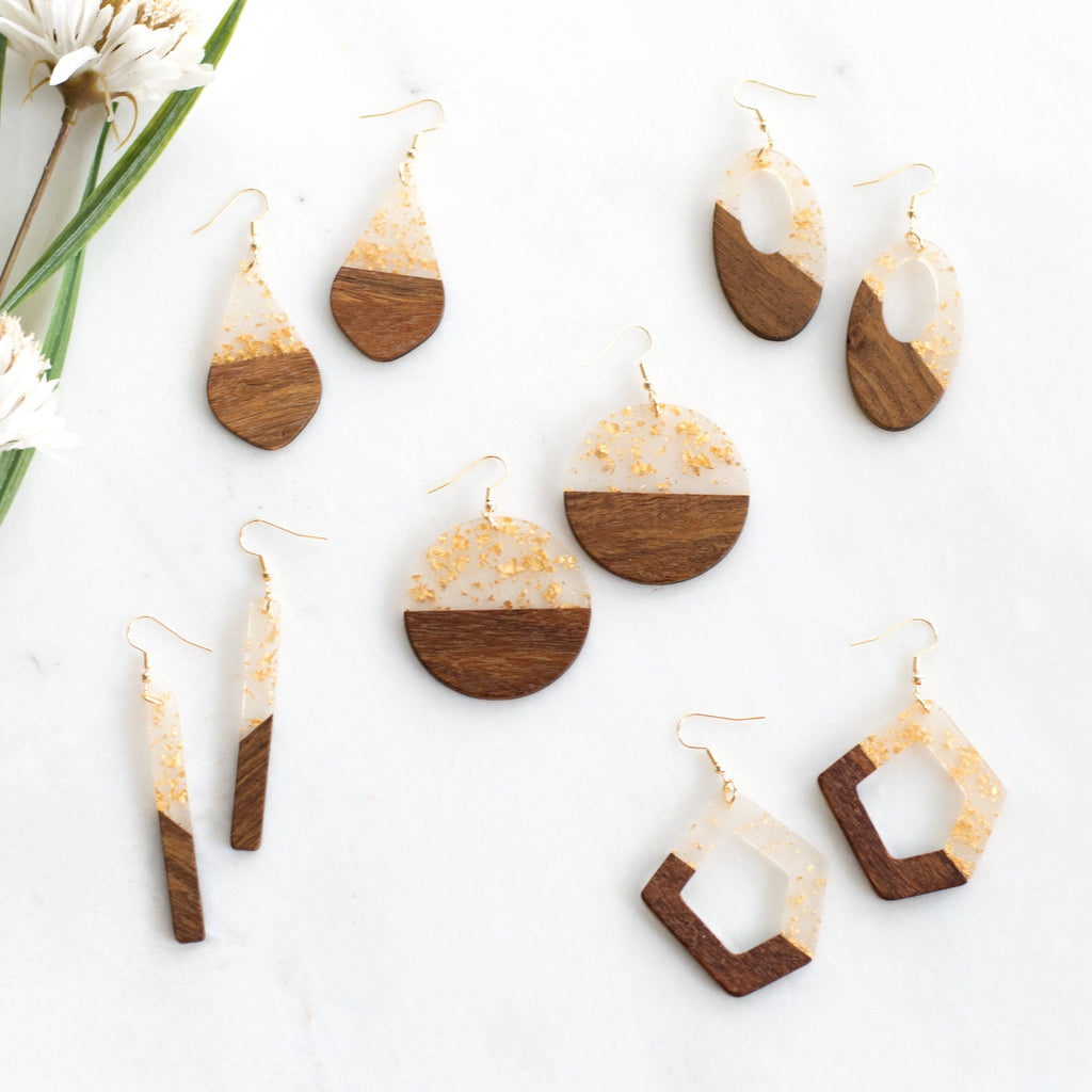 Gold Fleck Resin Wood Earrings: Bar