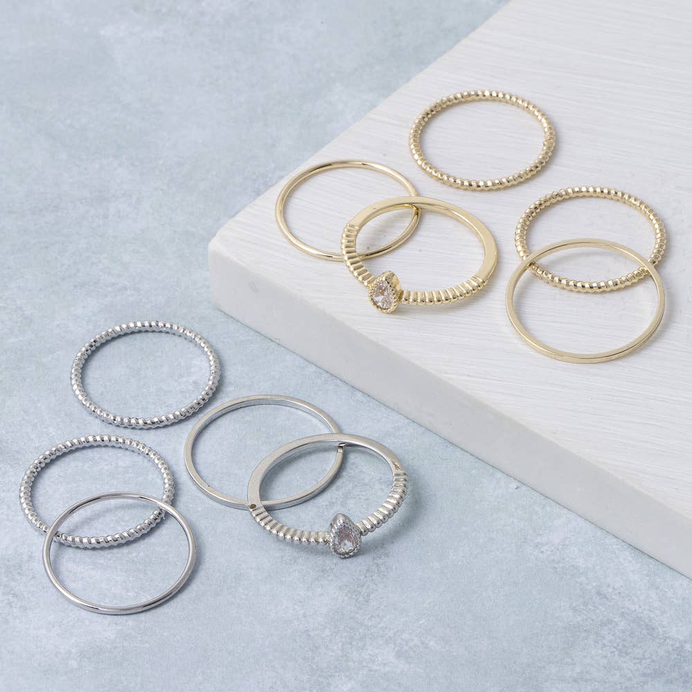 Five Piece Cz Bezel Pear Stone Stacking Ring Set: GDCRY