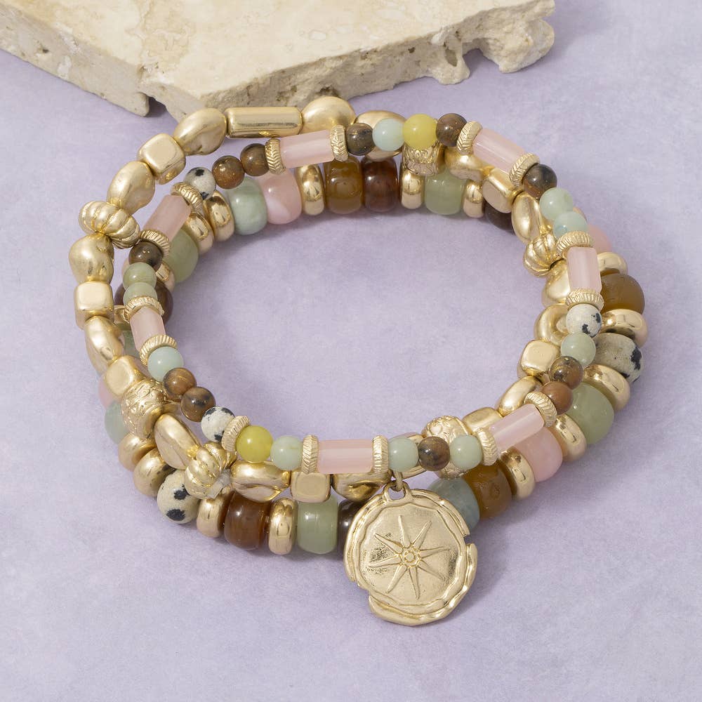 Three Strand Semi Stone Tube Bead Coin Bracelet: WGMT