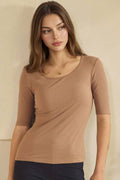 Pure Comfort Modern Mid Sleeve Ribbed Fitted Top: Mocha / L