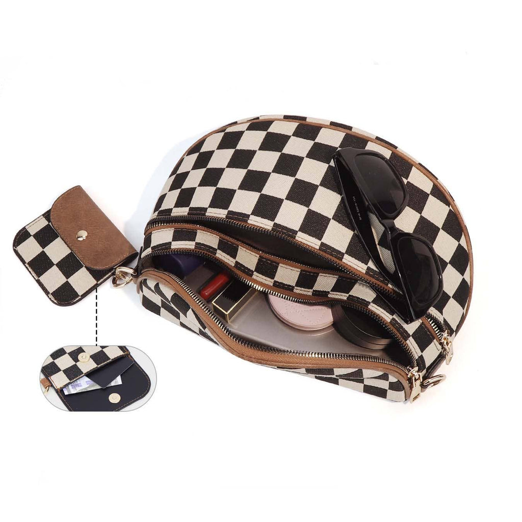 Kaylee Mixed Media Double Zip Crossbody Sling Bag: Cognac