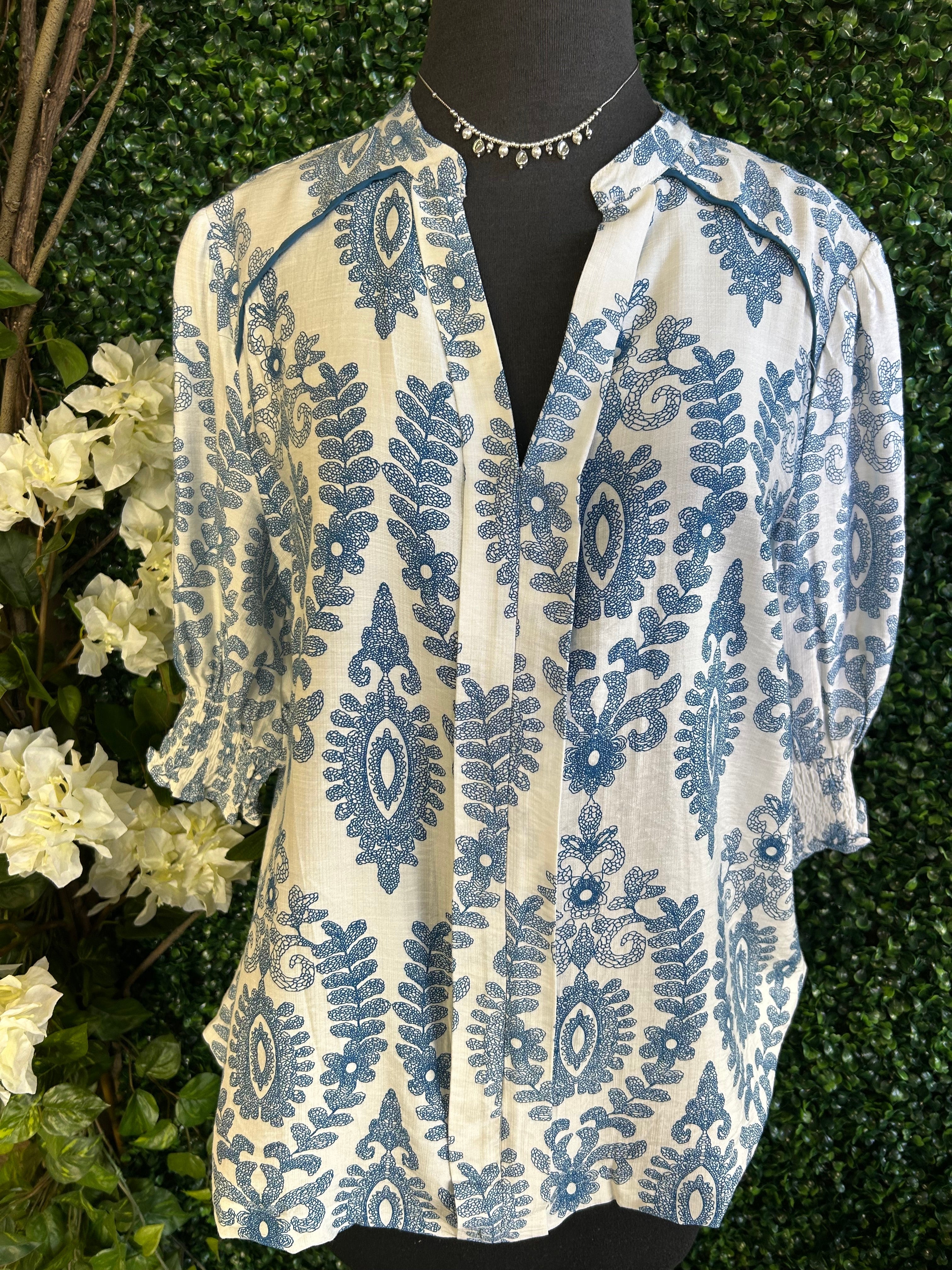 Denim Print V-neck Blouse