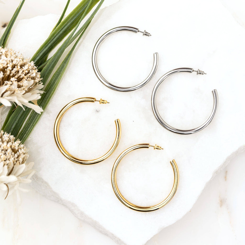 14K STAINLESS STEEL OPEN HOOP EARRINGS: Gold