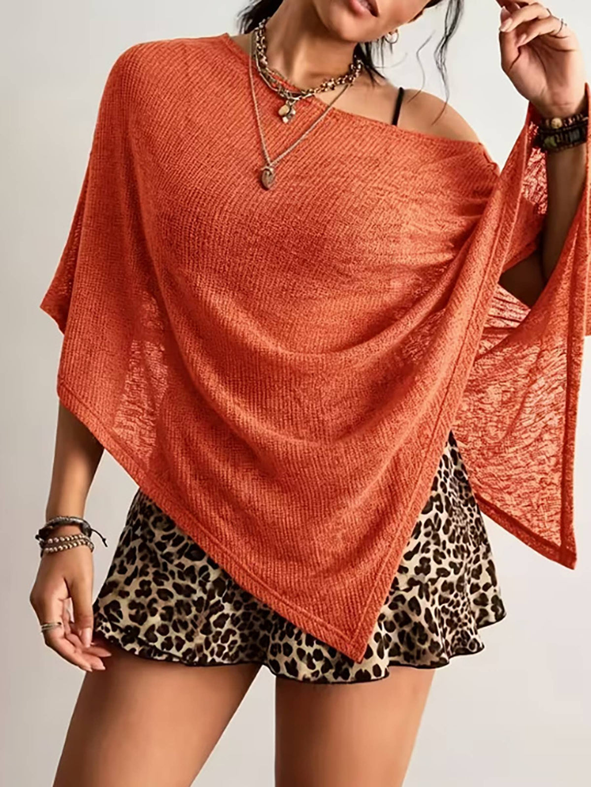 Lightweight Knit Poncho Shawl, Versatile Layering Cover Up: Brown