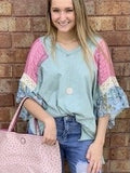 Dusty Mint Patchwork Ruffle Sleeve Top