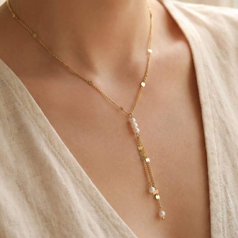 Dual Chain Pearl Lariat Y-Necklace: GDCRM