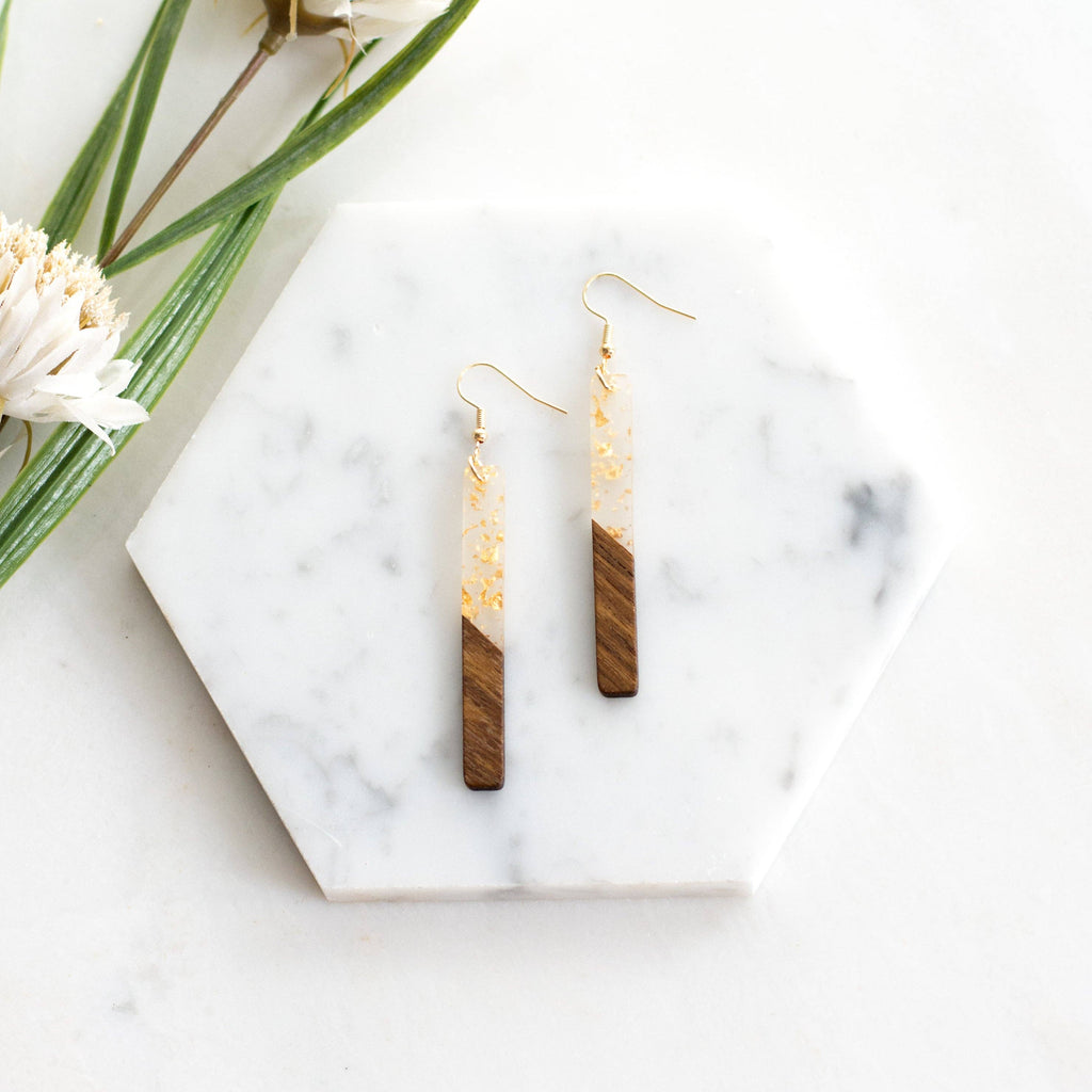 Gold Fleck Resin Wood Earrings: Bar