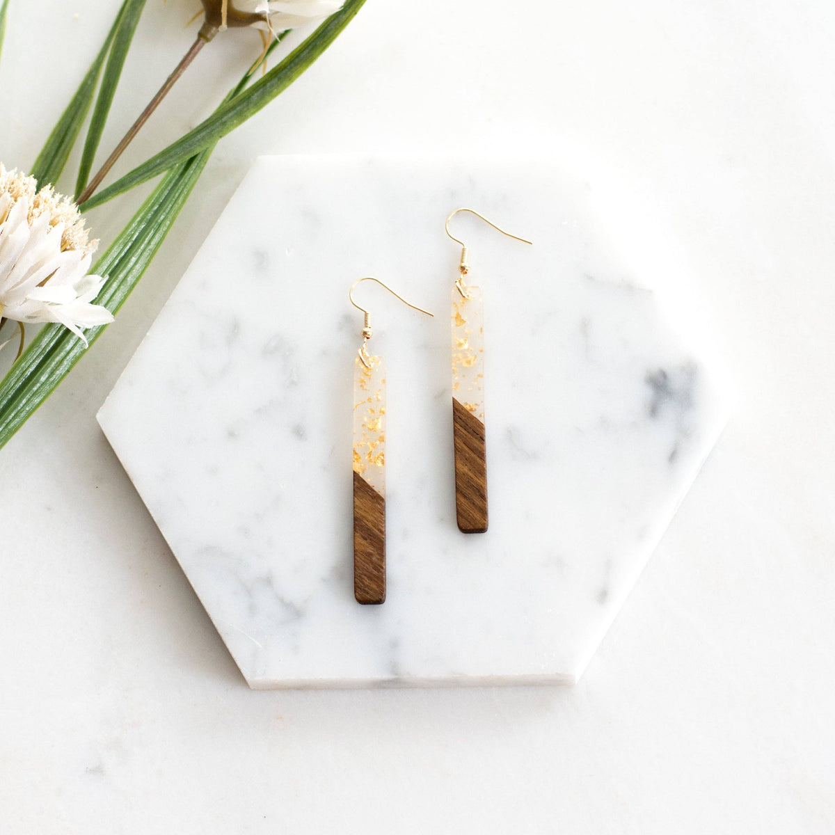 Gold Fleck Resin Wood Earrings: Bar