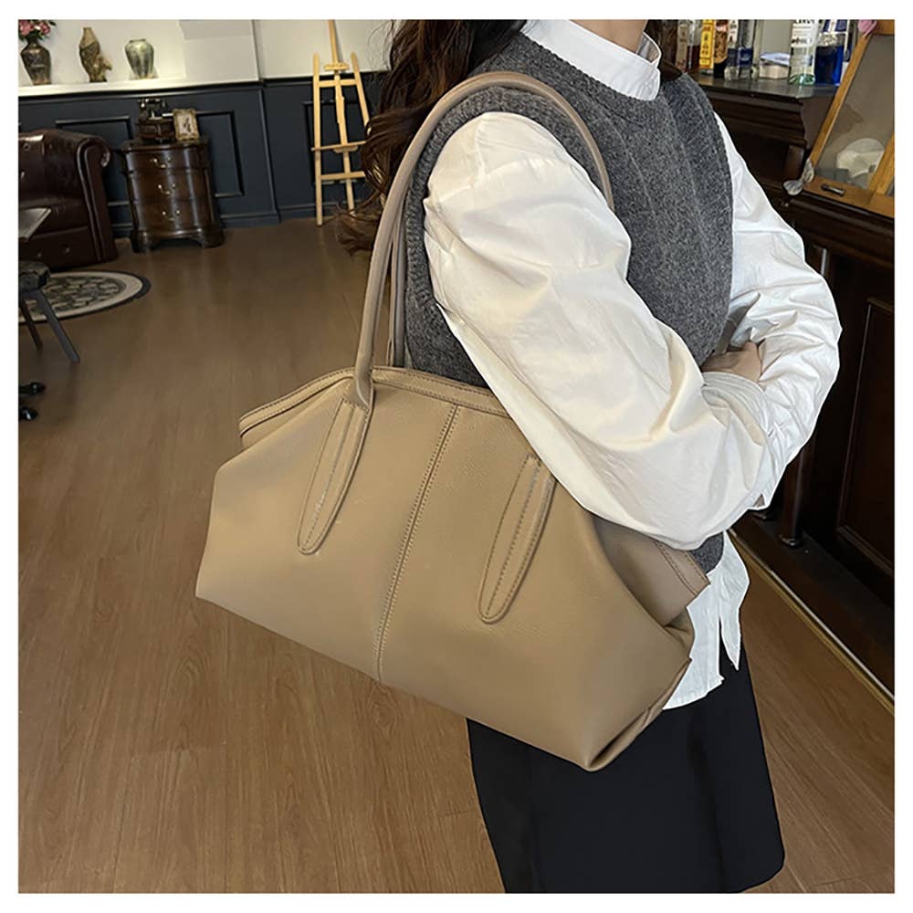 Soft Faux‑Leather Retro Tote Shoulder Purse for Daily Work U: Black