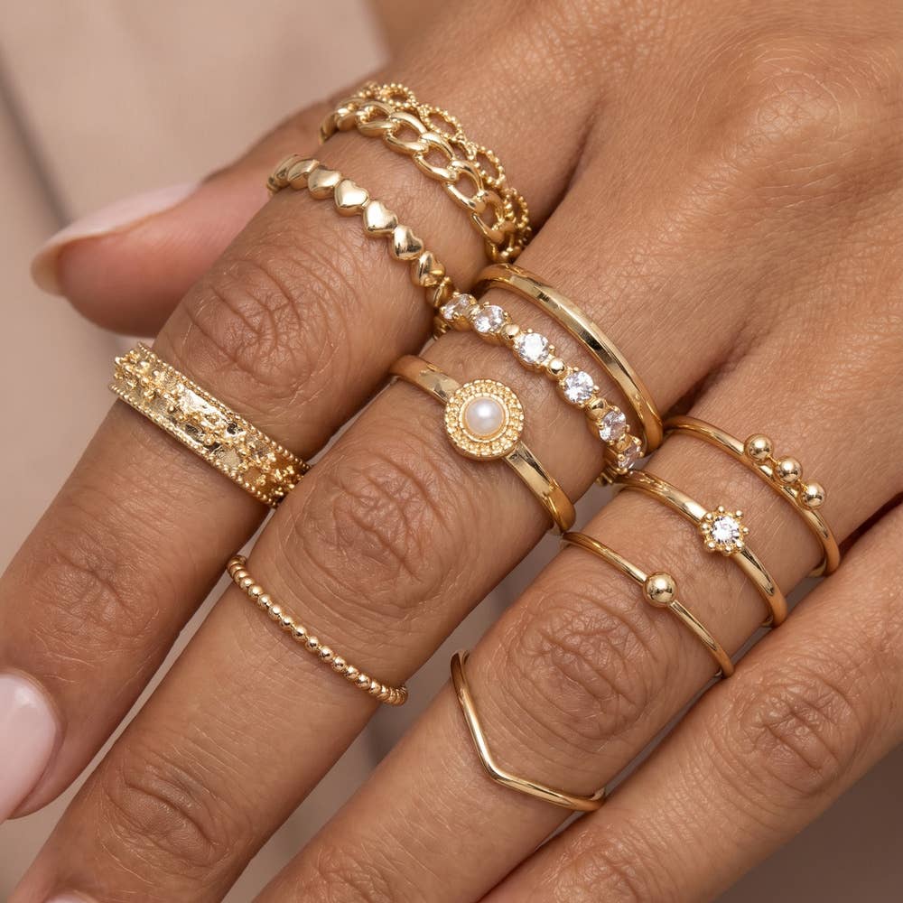 Crystal Pearl Filigree Stacking Ring Set: GDCRY