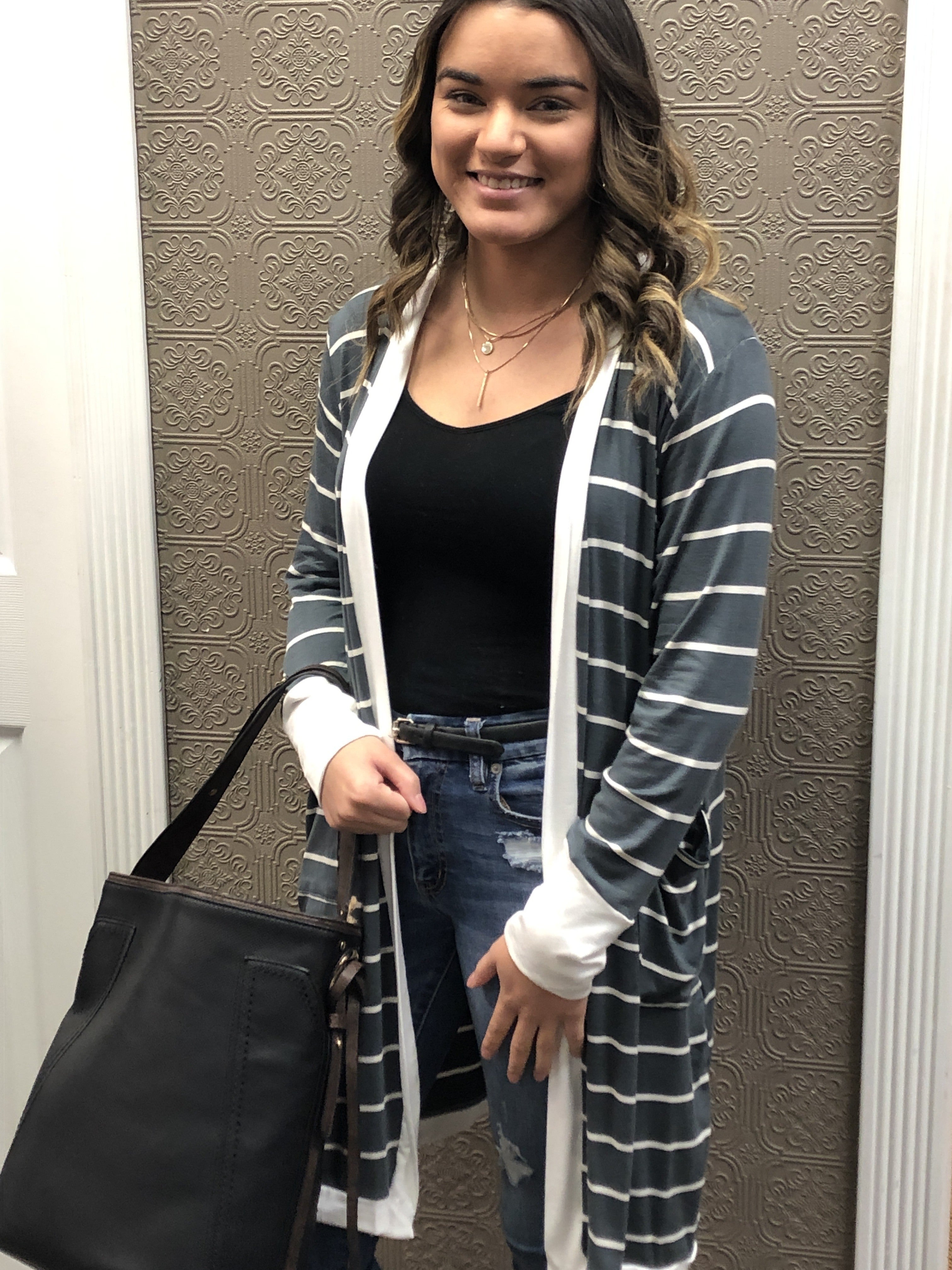 Long Sleeve Stripe Print Open Cardi