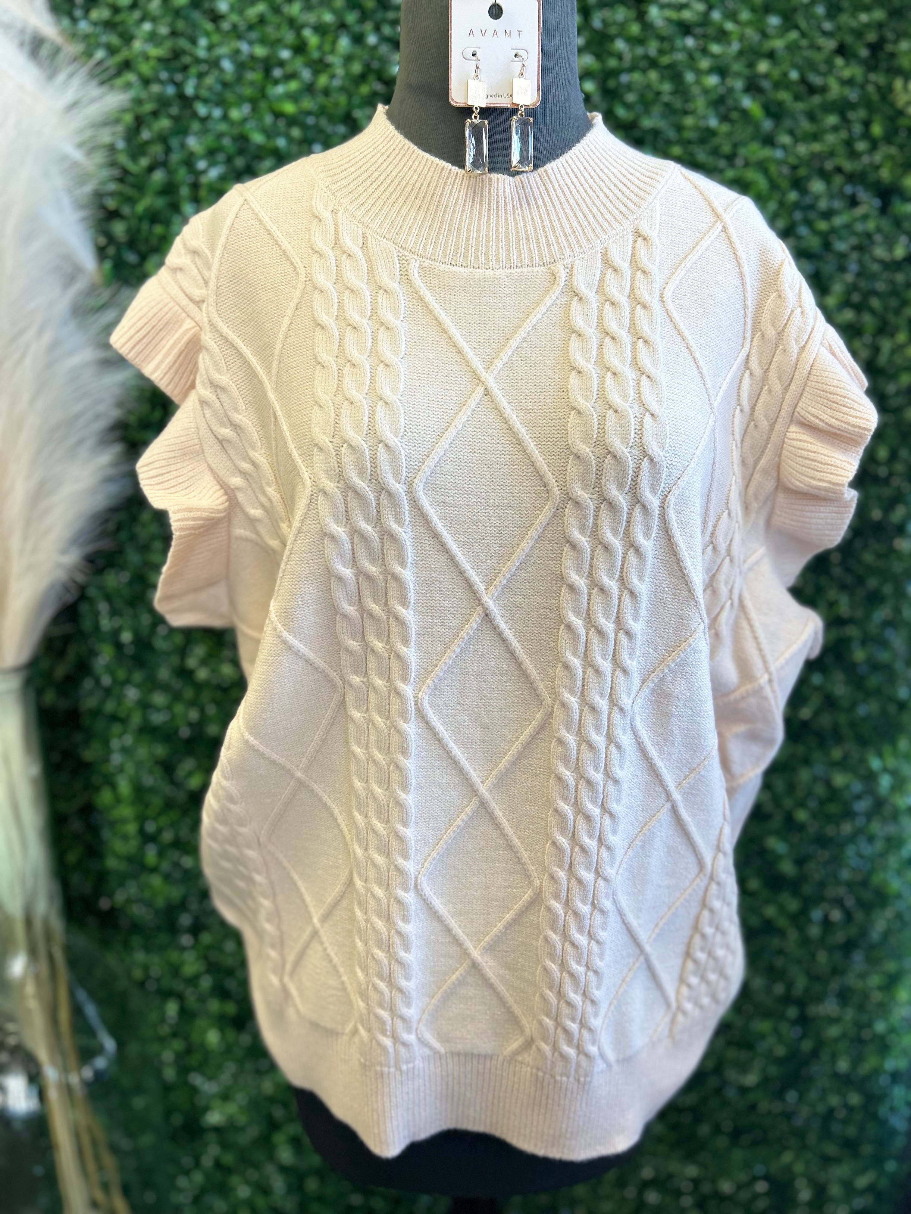 Cable Knit Ruffle Sleeve Sweater