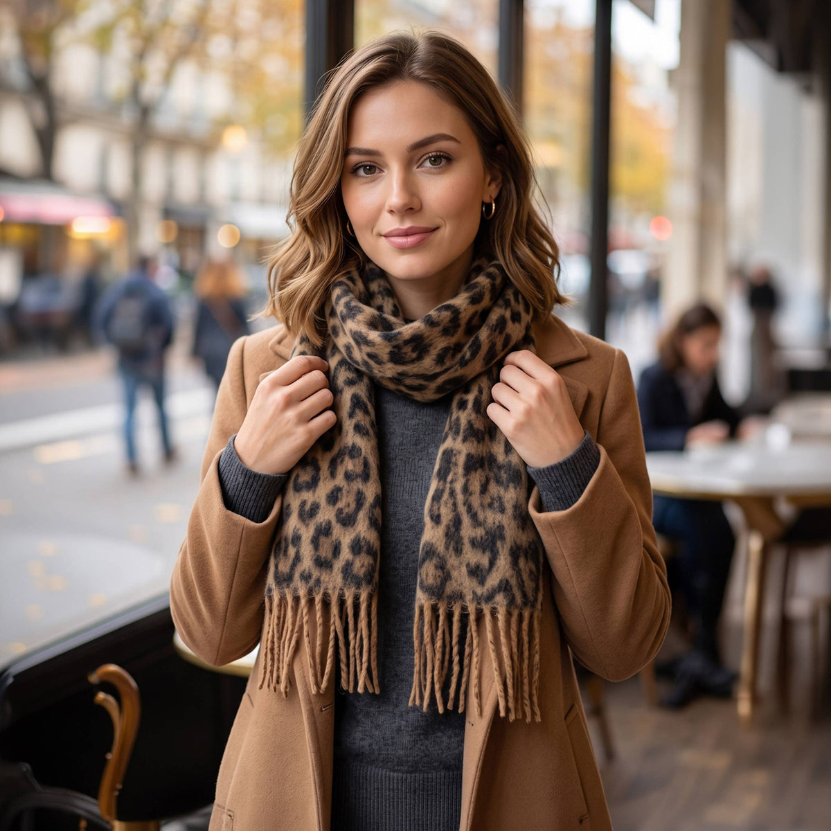 Leopard Pattern Print Brushed Fringe Oblong Scarf: Beige
