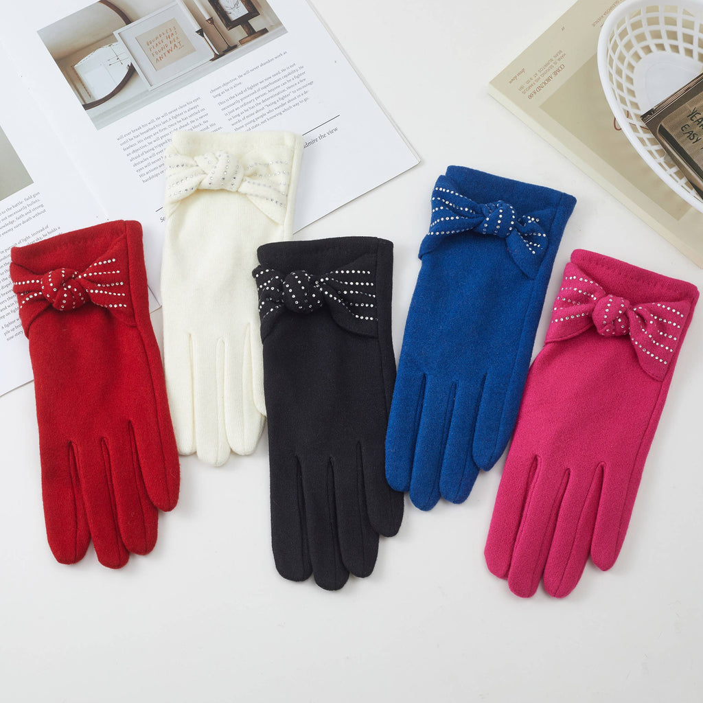 Stone Deco Bow Knit Winter Gloves: Black