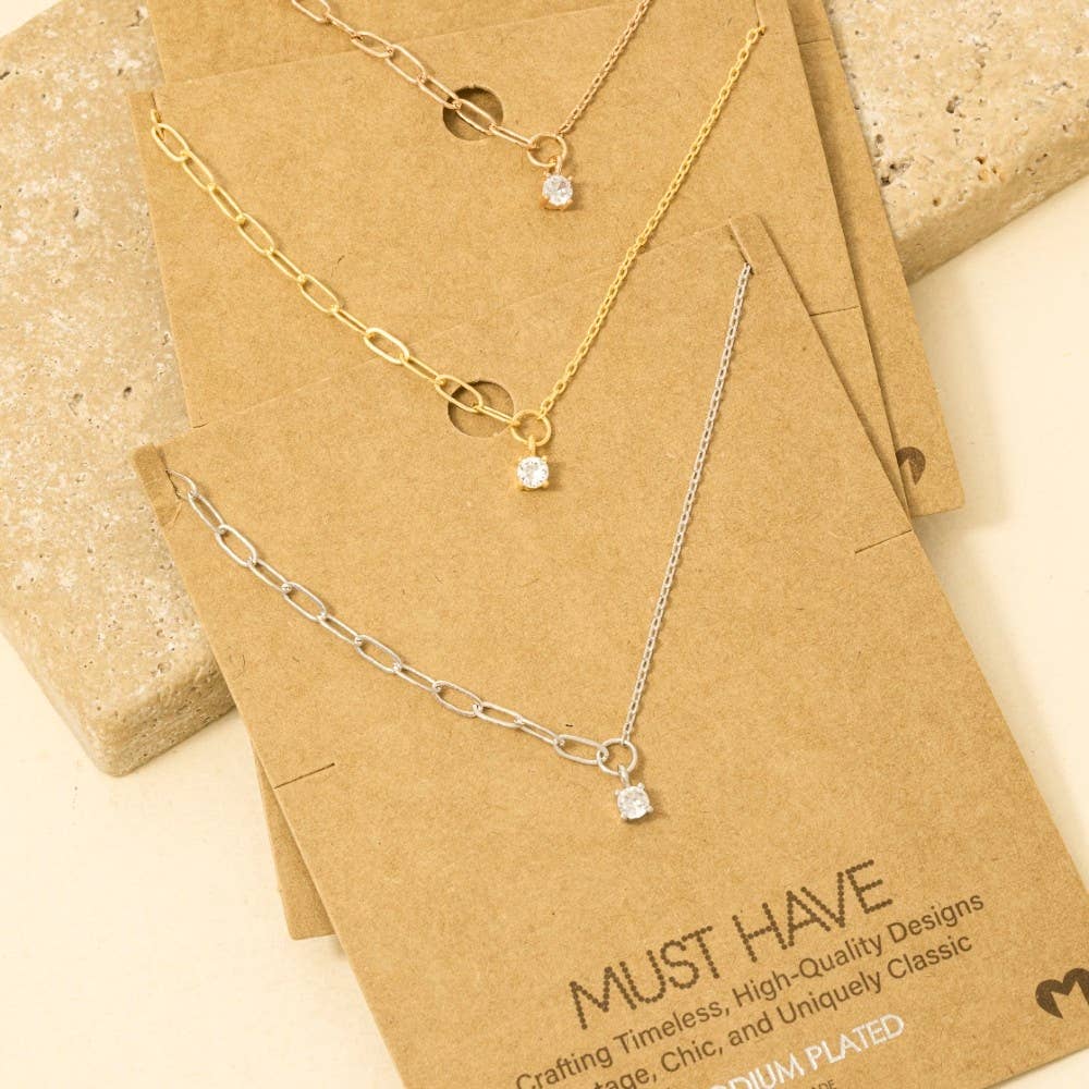 Chain Link Rhinestone Stud Charm Necklace: S