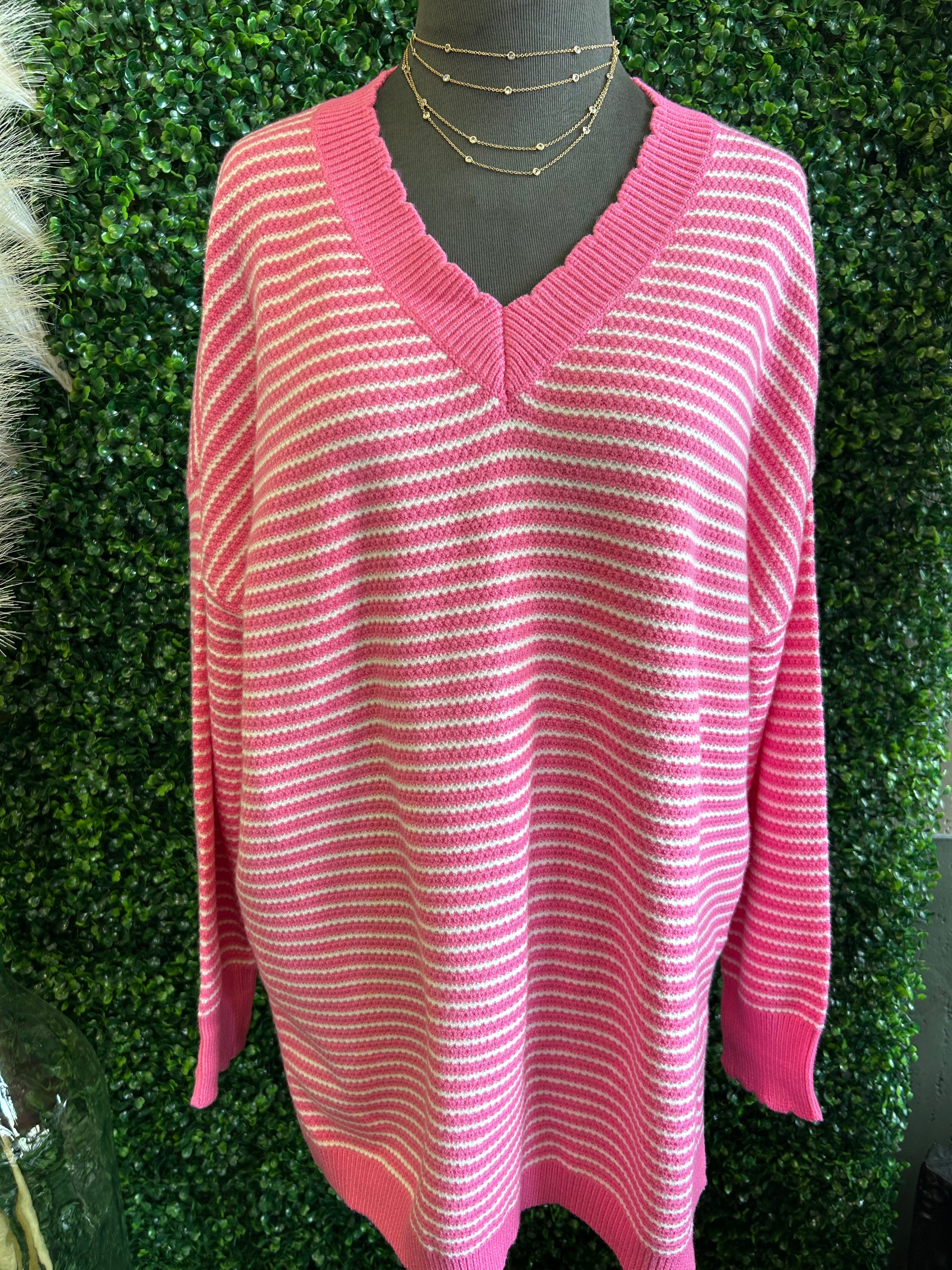 Striped Scallop V Neck Split Sweater
