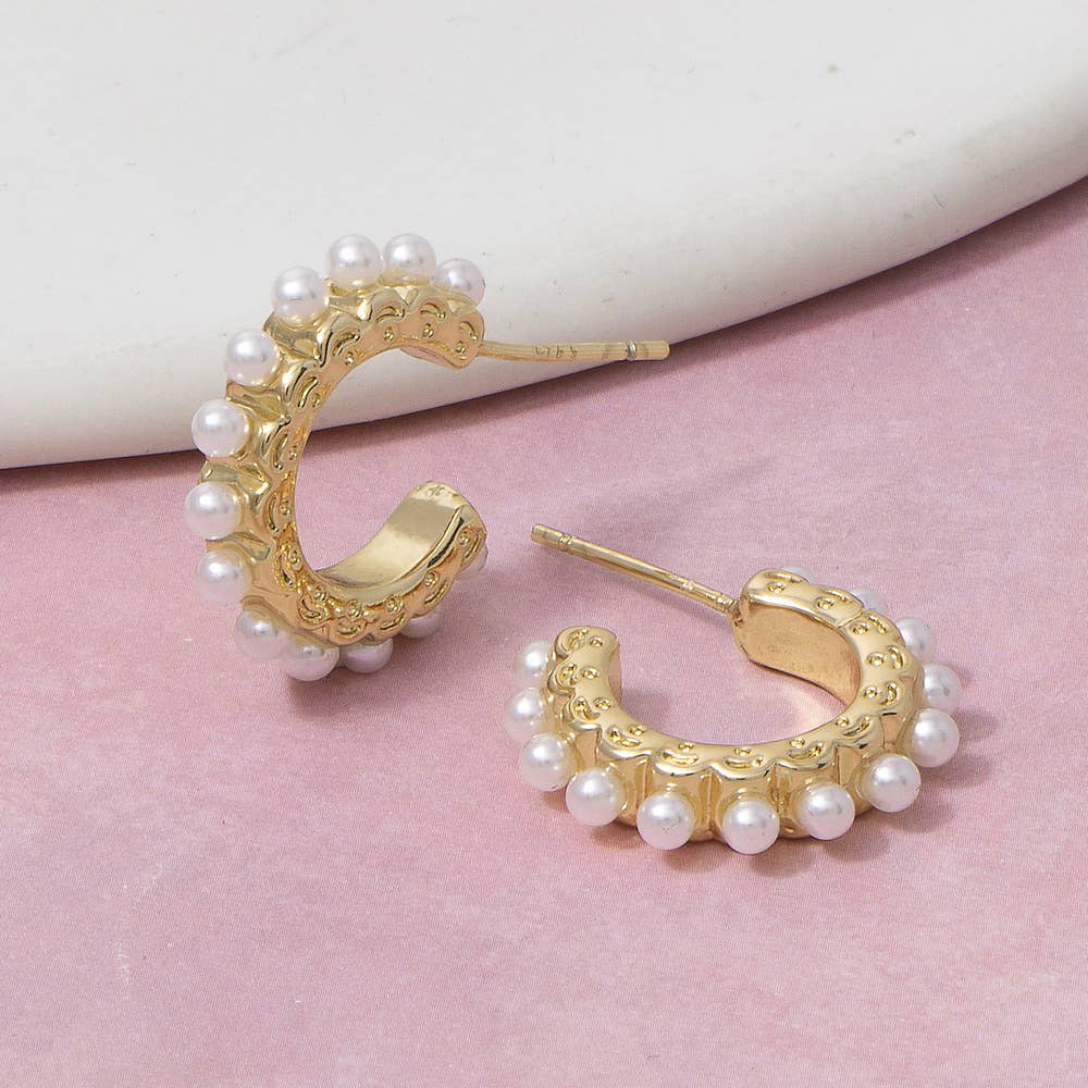 Gold Dipped Pearl Accent Huggie Hoop Earrings: G