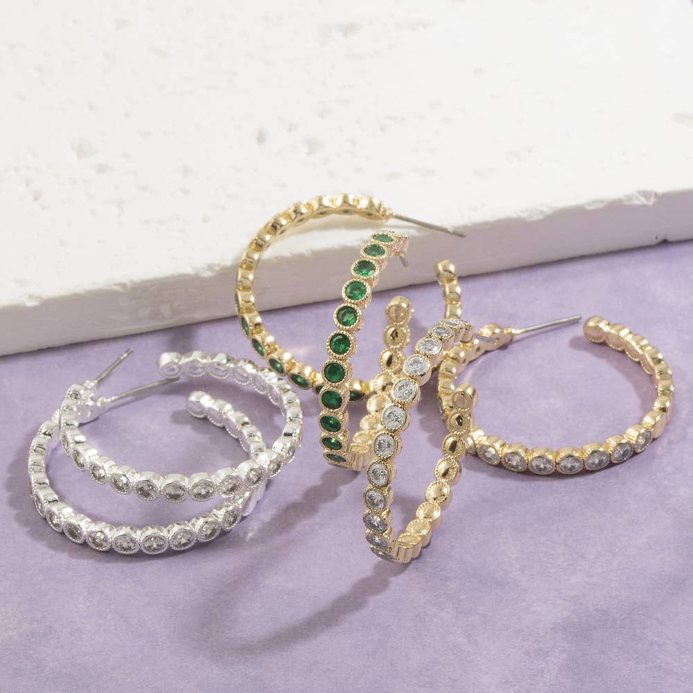 Bezel Set Cz Hoop Earrings: GRN