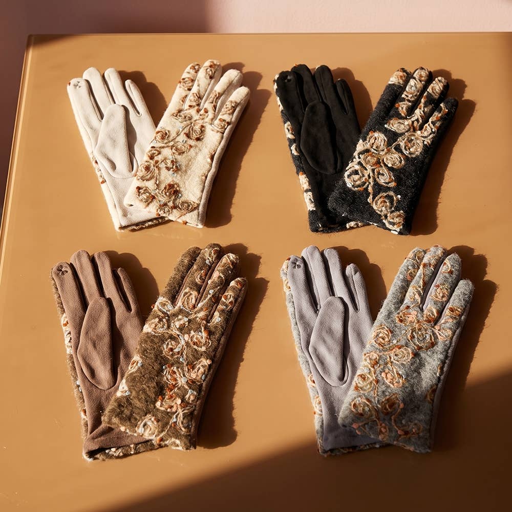 Rosette Embroidered Knit Touchscreen Gloves: TP