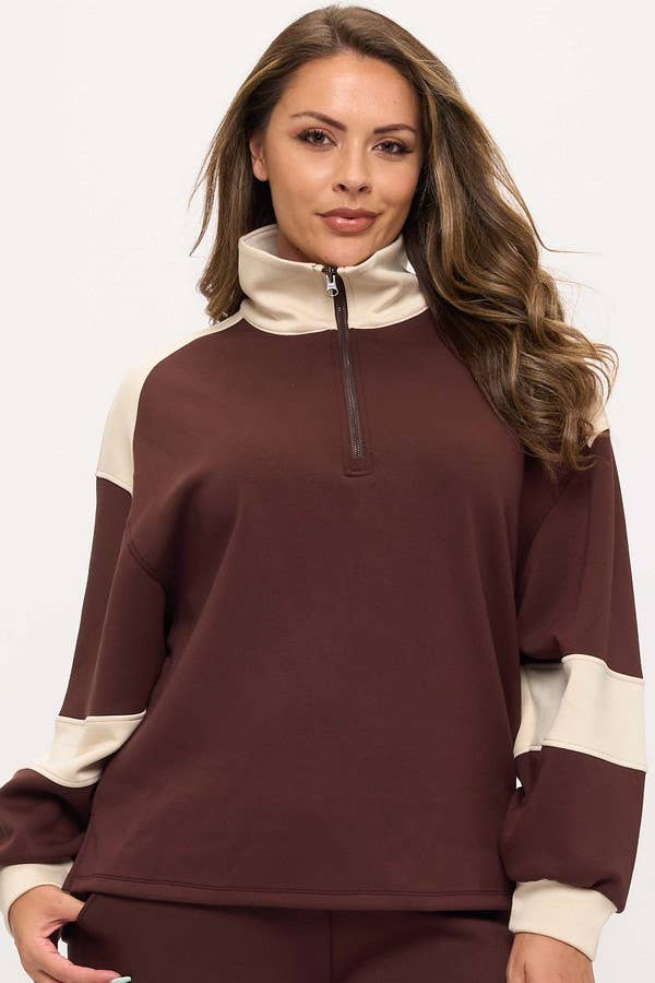 Women's Sleek Colorblock Half-Zip Cozy Fall Top Plus Size: Black/Light Khaki / XXL