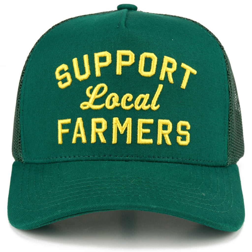C.C SUPPORT LOCAL FARMERS Letter Two Tone Trucker Hat: Dark Green