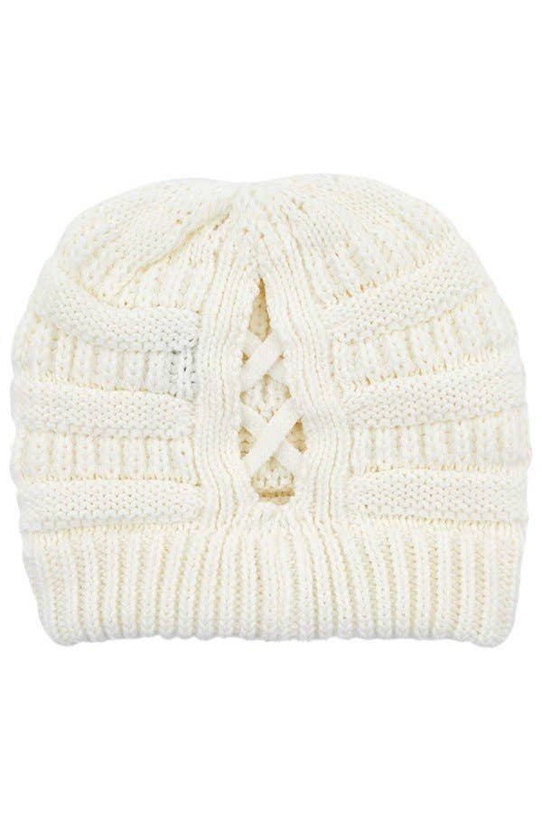 C.C Criss Cross Ponytail Knit Beanie Winter Hat: Burgundy