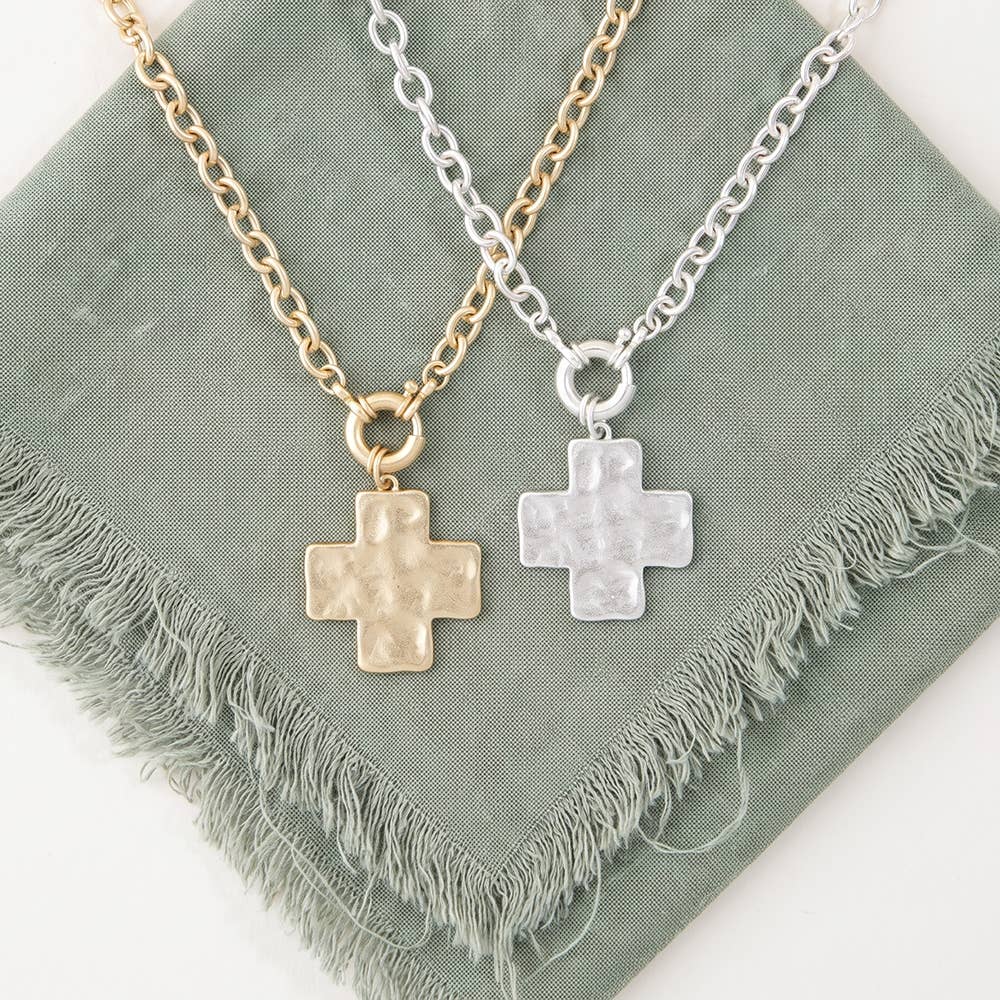 Hammered Square Cross Pendant Chunky Chain Necklace: WS