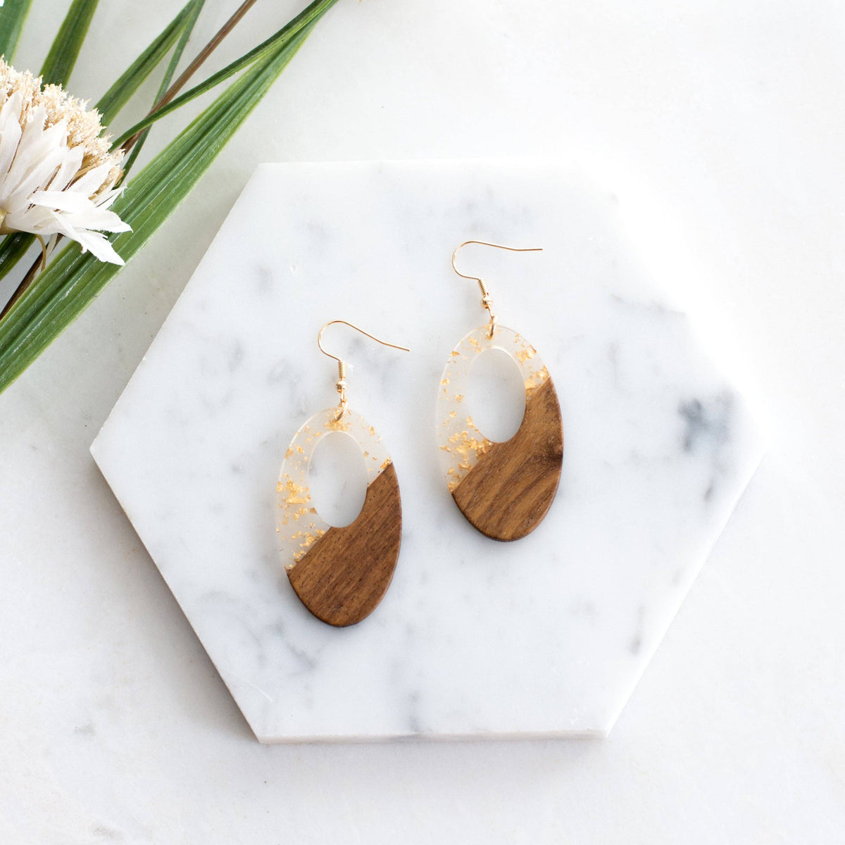Gold Fleck Resin Wood Earrings: Bar