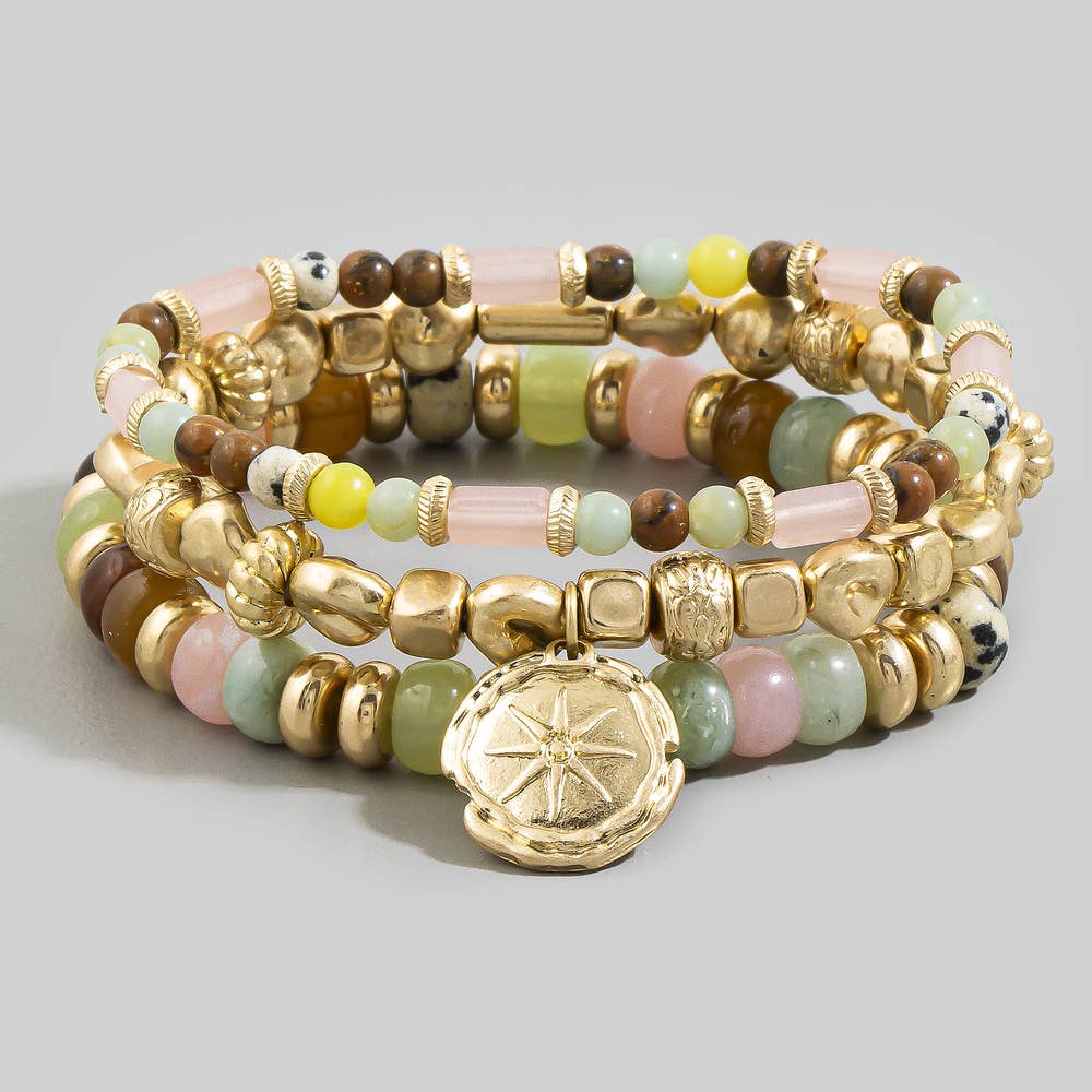 Three Strand Semi Stone Tube Bead Coin Bracelet: WGMT