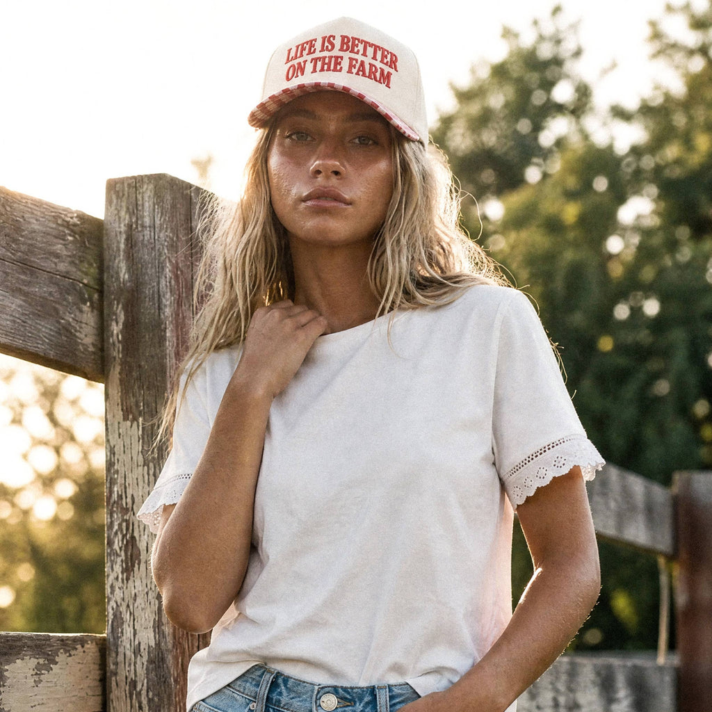 C.C LIFE IS BETTER ON THE FARM Letter Two Tone Trucker Hat: Brown/Brown