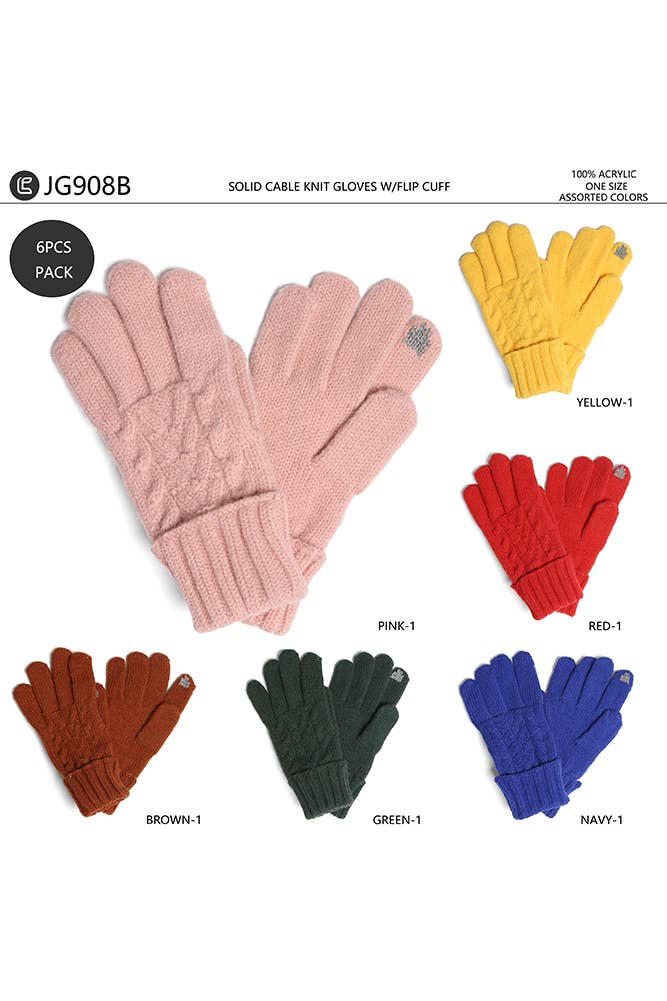 Solid Cable Knit Gloves with Flip Cuff